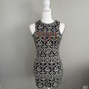 ASTR The Label Black White Geometric Bodycon Dress Sleeveless Mini Beaded Size S